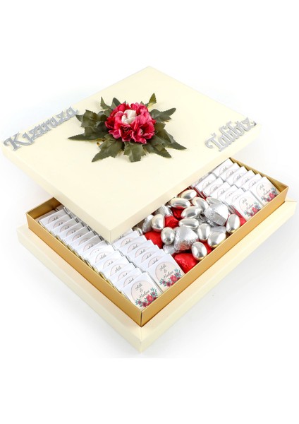Kız İsteme Çikolatası 60 Madlen Çikolata + Kalp Çikolata + Draje (Krem Kutu)