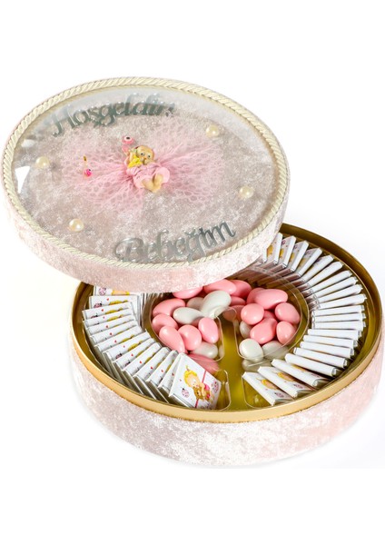 Kız Bebek Çikolatası (Kadife Yuvarlak Pembe Kutu) 50 Adet Madlen