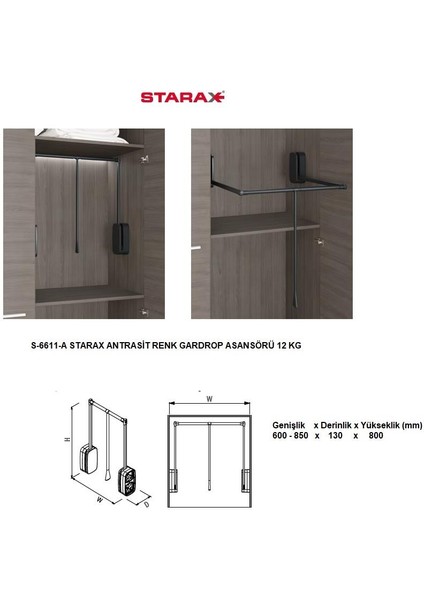 Gardrop Asansörü (12KG) Antrasit S-6011-A 600-850MM