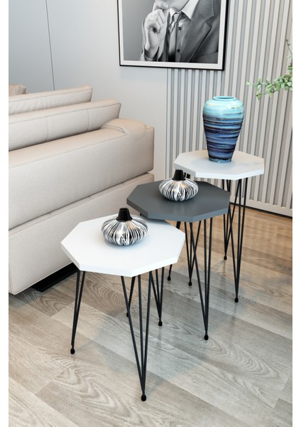 3'lü Zigon Sehpa Sekizgen Model Zigon Sehpa Metal Tel Ayak