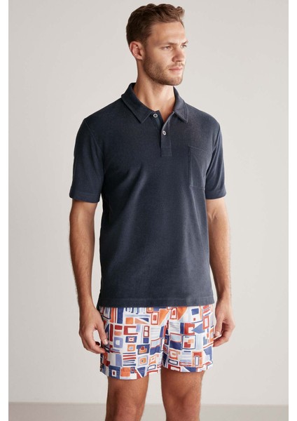 Lacivert Havlu Kumaş Polo Yaka T-Shirt