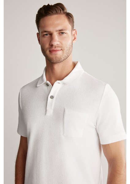 Beyaz Havlu Kumaş Polo Yaka T-Shirt