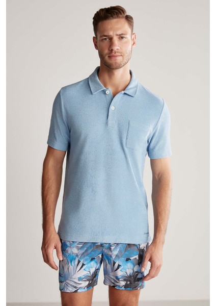 Açık Mavi Havlu Kumaş Polo Yaka T-Shirt fırsatları