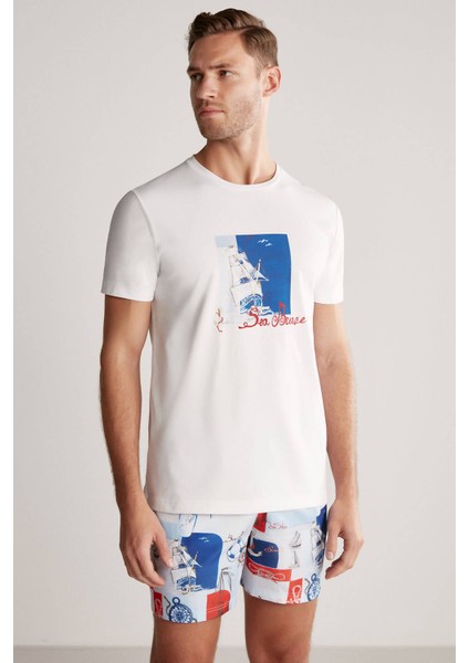 Baskılı Beyaz Pima Pamuk T-Shirt fırsatları