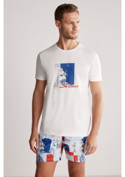 Baskılı Beyaz Pima Pamuk T-Shirt indirimleri