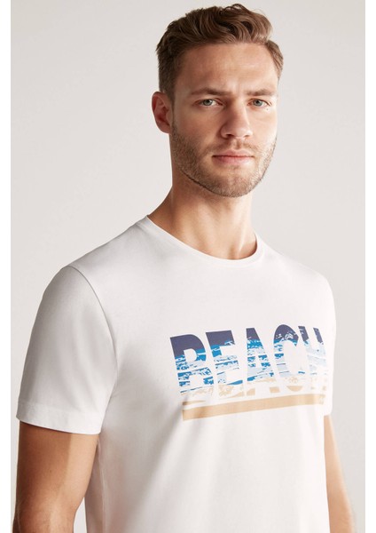 Beach Baskılı Beyaz Pima Pamuk T-Shirt