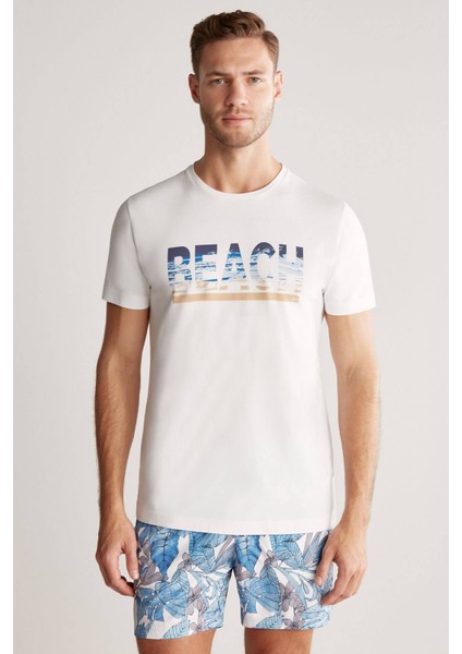 Beach Baskılı Beyaz Pima Pamuk T-Shirt