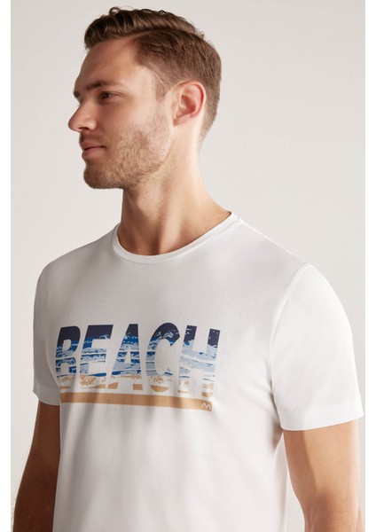 Beach Baskılı Beyaz Pima Pamuk T-Shirt