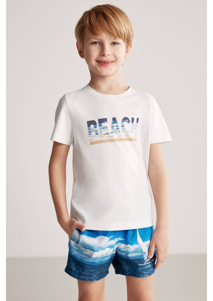 Beach Baskılı Beyaz Pima Pamuk Çocuk T-Shirt