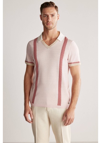 Keten Pamuk Karışım Desen Pembe Triko Polo fırsatları