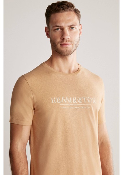 Baskılı Keten Pamuk Karışımlı Camel T-Shirt