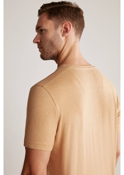Baskılı Keten Pamuk Karışımlı Camel T-Shirt