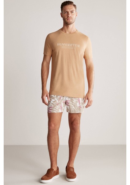 Baskılı Keten Pamuk Karışımlı Camel T-Shirt