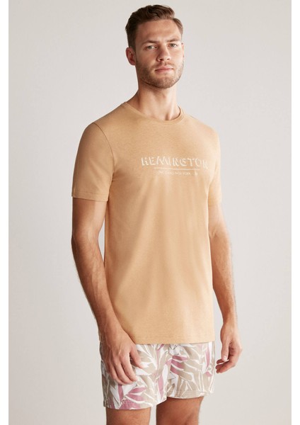 Baskılı Keten Pamuk Karışımlı Camel T-Shirt