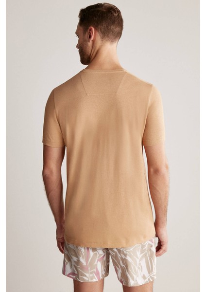 Baskılı Keten Pamuk Karışımlı Camel T-Shirt