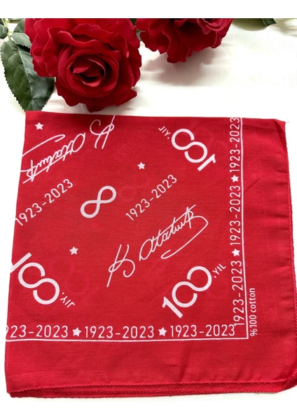 Als Accessories Kırmızı Renk Atatürk Imzalı, 100 Yıl Baskılı Kenarları Tarih Detaylı %100 Koton Bandana