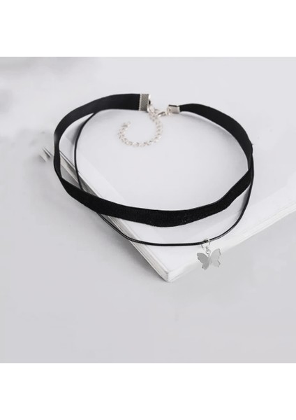 Kelebek Detaylı Ikili Boyun Kolye Kadın Choker, Kadın Kolye