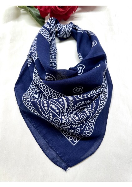 Lacivert Renk Etnik Desenli %100 Koton Bandana