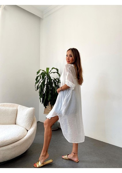 Kadın Krinkıl Kumaş Arkası Uzun Beyaz Pareo Gömlek modelleri