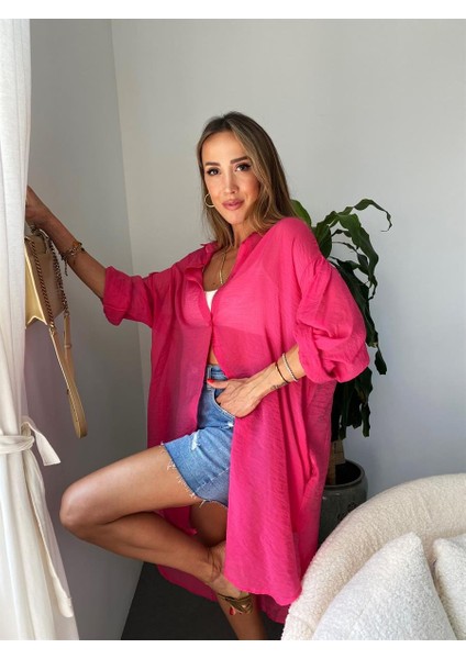 Kadın Krinkıl Kumaş Arkası Uzun Pembe Pareo Gömlek fiyatları