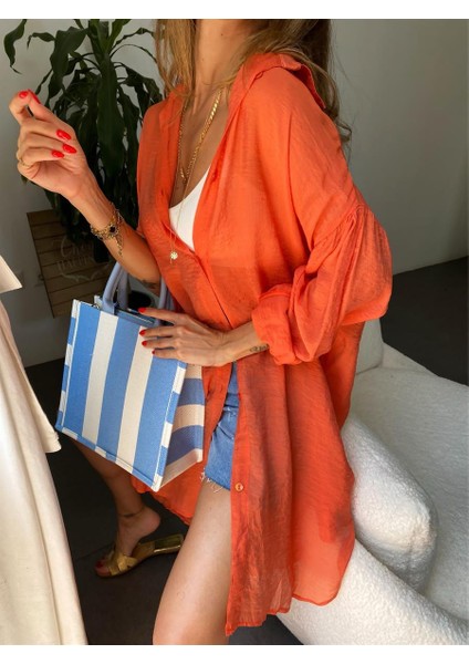 Kadın Krinkıl Kumaş Arkası Uzun Turuncu Pareo Gömlek fiyatları