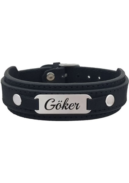 Göker Ismine Özel Hakiki Deri 925 Gümüş Plakalı Bileklik