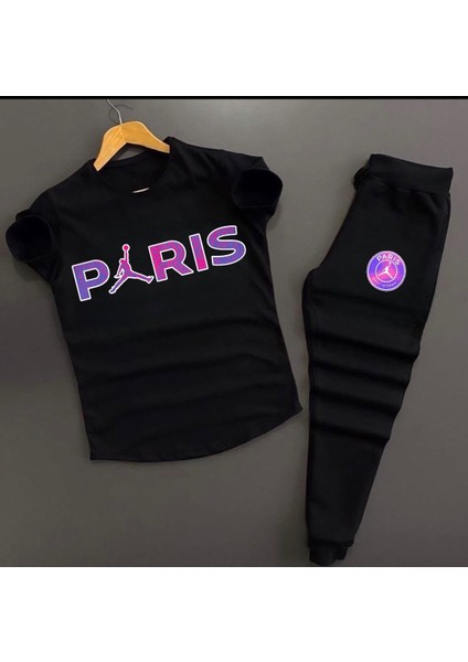 Unisex Siyah Paris Baskılı Slim Fit Tişört- Siyah Dar Kesim Eşofman Altı Kombin Alt Üst Takım 2'li