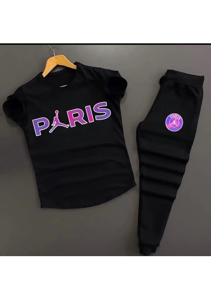 New Cabin Unisex Siyah Paris Baskılı Slim Fit Tişört- Siyah Dar Kesim Eşofman Altı Kombin Alt Üst Takım 2'li