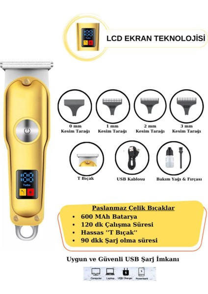 LED Göstergeli T Bıçak Metal Saç Sakal Ense Vücut Tıraş Makinesi USB Girişli