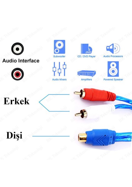 BK Teknoloji Yüksek Kalite Silikon Rca Dişi - 2 Rca Erkek  Anfi Y Ayırıcı Kablo