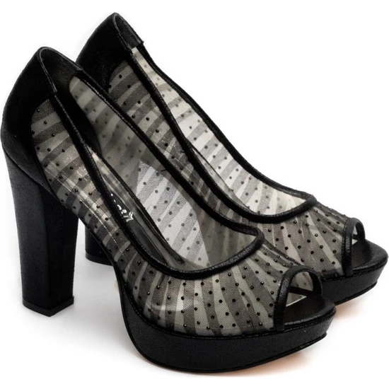 La Scada 6165-299 Siyah Cilt Kadın Tül Platform Topuklu Abiye Ayakkabı