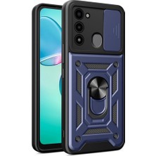 Dlrcase Tecno Spark 8c Kılıf Sert Silikon Tank Aramid Sürgülü Vega Yüzüklü Lacivert