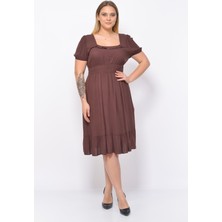 Apsen Kadın Kahve Kare Yaka Fırfır Detaylı Midi Boy Yazlık Viscon Elbise 4467-110