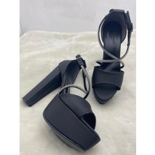 Çiğdem Kundura Çiğdem Siyah Saten Çapraz Taş Bantlı Platform Topuklu Ayakkabı - Siyah - 38 - ST02177-SİYAH-38
