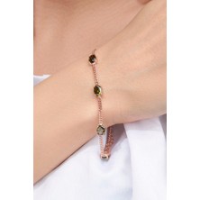 TMT Silver Gümüş Rose Oval Koyu Yeşil Zirkon Taşlı Gurmet Zincirli Bileklik
