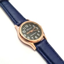 Marlas Vintage Kadın Kol Saati, Retro Tasarım, Yuvarlak, Rose Gold Kasa, Siyah Kadran, Mavi Deri Kordon, Kolay Kullanım