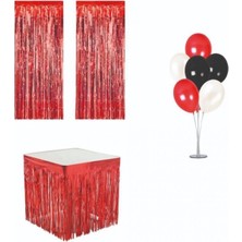 Kidspartim Metalize Kırmızı Masa Püskülü Arka Fon Püskülü ve Kırmızı Siyah Beyaz Balon Standı