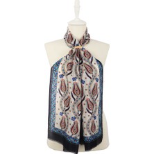 Bursa İpek Lacivert Turkuaz Sıra Lale Vual İpek Fular