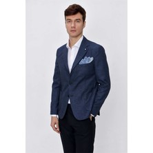 Morven  Erkek Mavi Desenli Dokuma Slim Fit Dar Kesim Torba Cep 6 Drop Ceket