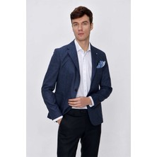 Morven  Erkek Mavi Desenli Dokuma Slim Fit Dar Kesim Torba Cep 6 Drop Ceket