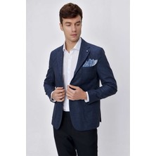 Morven  Erkek Mavi Desenli Dokuma Slim Fit Dar Kesim Torba Cep 6 Drop Ceket