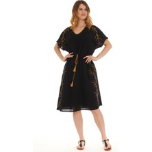 Newbutix Kısa Kol Şile Bezi Siyah Midi Boy Elbise