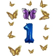 Best Parti Koyu Mavi Kelebek Folyo Balon Temalı Doğum Günü Parti Seti Koyu Mavi Yaş 1