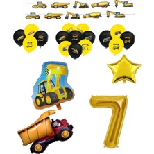 Best Parti Inşaat Temalı Doğum Günü Bannerlı Kamyon Kepçe Şekilli Balon Seti Yaş 7