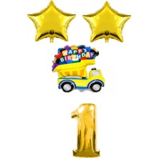 Best Parti Gold Yıldız Happy Bırthday Yazılı Folyo Araba Rakam Balon Seti Yaş 1