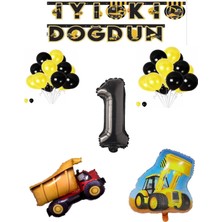 Best Parti Inşaat Temalı Doğum Günü Banner Kamyon Kepçe Şekilli Balon Seti Siyah Yaş 1
