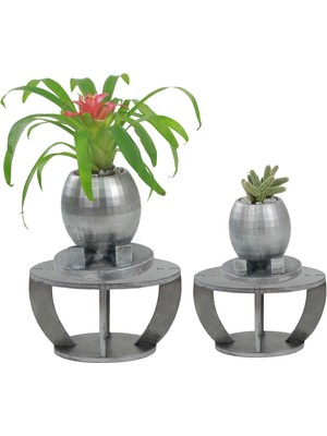 Evene Ahşap Ayaklı Beton Saksı Büyük Boy Set 2 Adet Ayaklı Yuvarlak Model