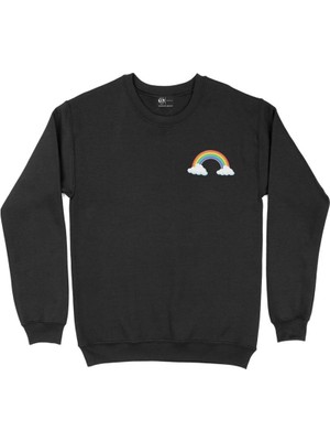 Cix Renkli Gökkuşağı Bulutlu Cep Tasarım Baskılı Sweatshirt