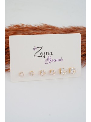 By Zeyna Aksesuar Kadın 3 Boy 6'lı Kare Zirkon Taşlı Küpe Set