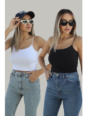Havoş Siyah Beyaz Ip Askılı Basic 2'li Crop